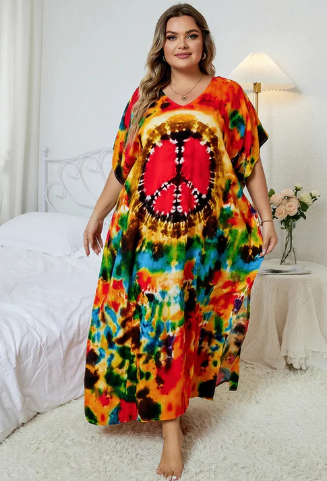 – mehrfarbiges, lockeres boho-kleid mit v-ausschnitt